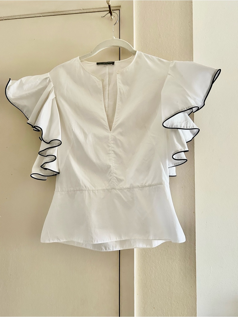 Alexander McQueen White Ruffle Sleeve Blouse with Black Edge